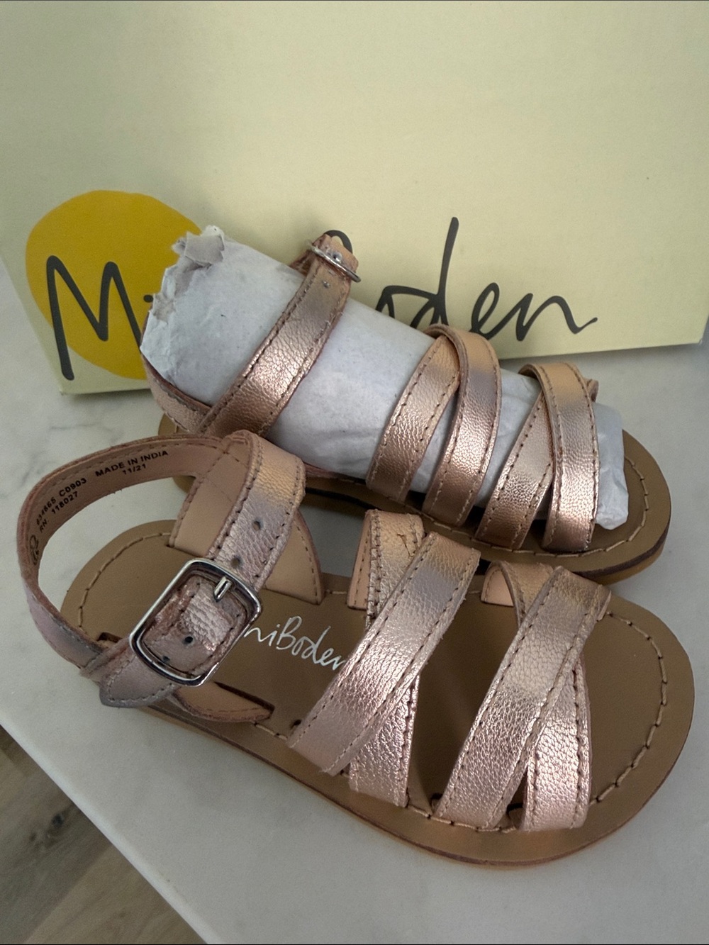 Mini Boden Metallic Rose Gold Strappy Kids Sandals sz 24 NEW in box